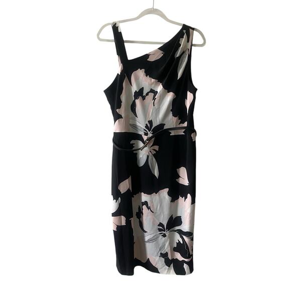 Jones New York Floral Asymmetrical Sleeveless Belted Mid Calf Dress Black 14 - Picture 1 of 10